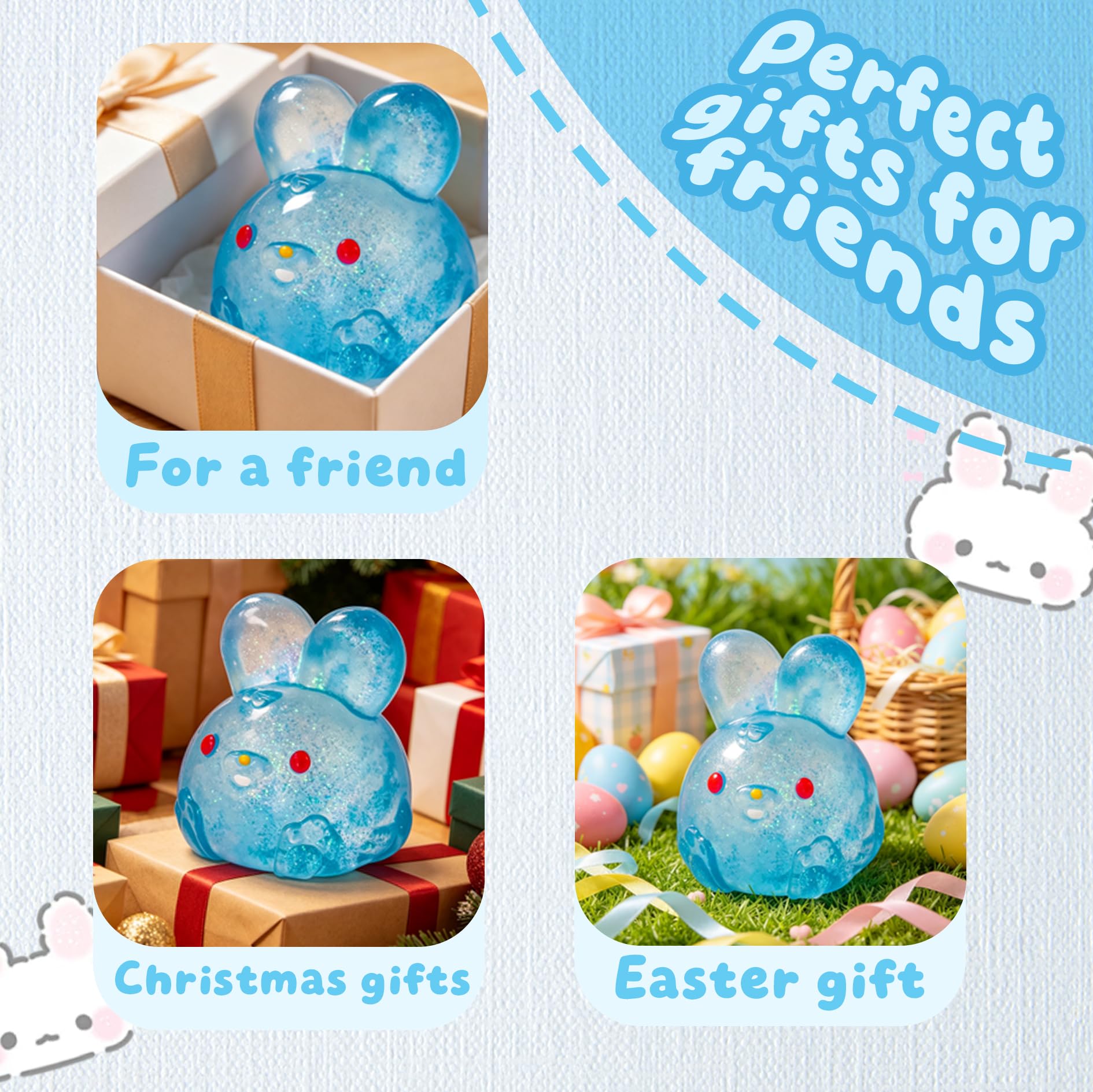 Stress Relief Blue Glitter Bunny Squeeze Toy - Jelly Hops Sensory Squishy Fidget Toy, Anxiety Calming Soft Jelly Ball For Kids & Adults photo 4