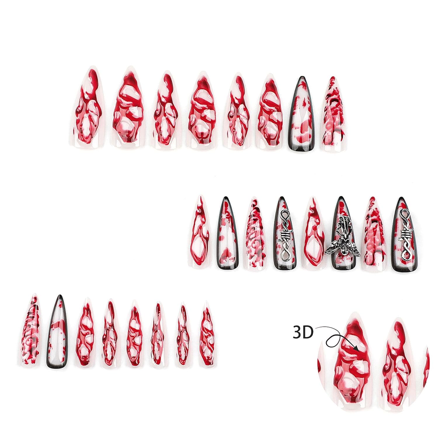 24Pcs Extra Long Teardrop Press On Nails, 3D Blood Red Terror Angel Design Fake Nails, Halloween Gothic Scary Wearable Nail Art For Women photo 2