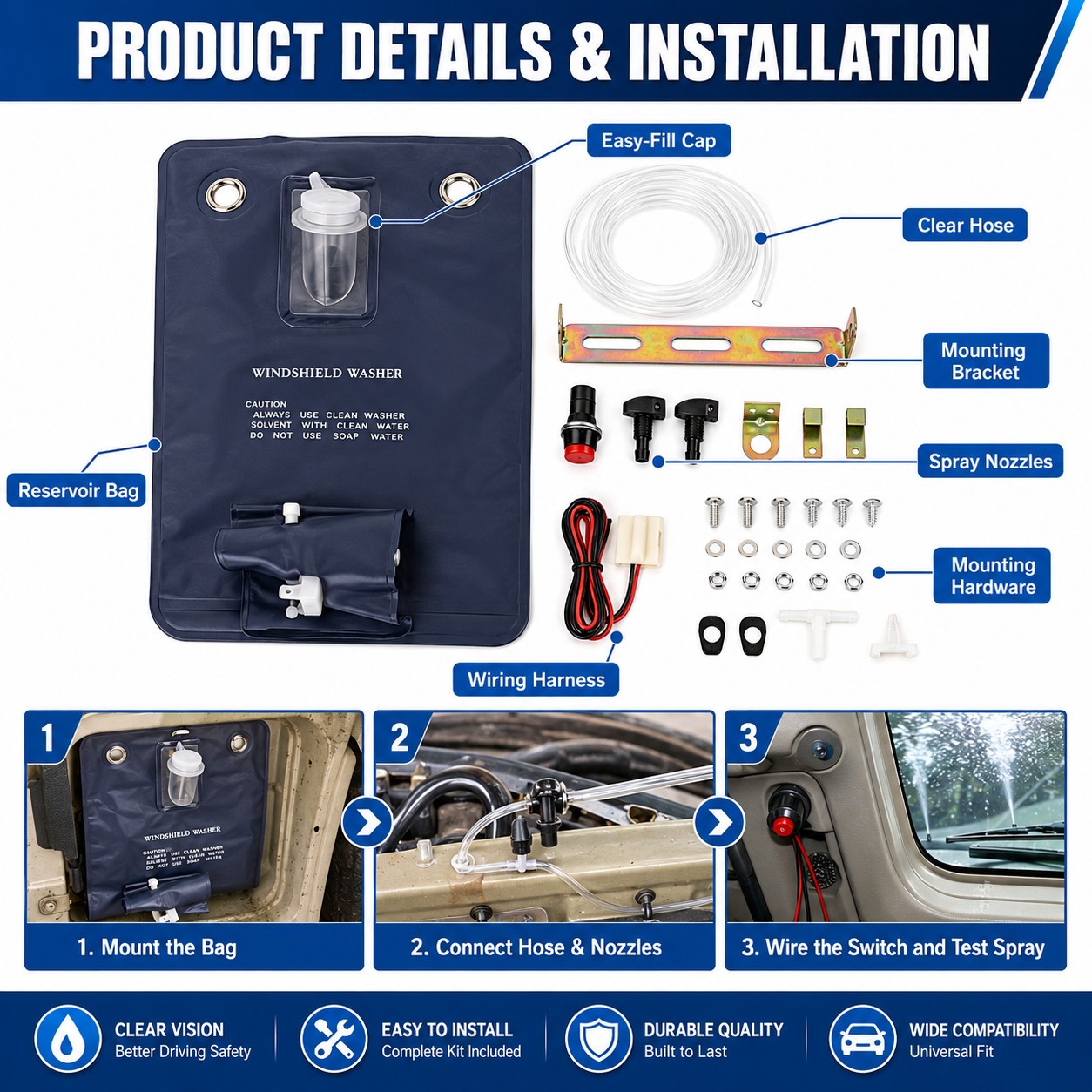 Universal Classic Car Windshield Washer Bag Kit 12V Complete Accessories photo 4