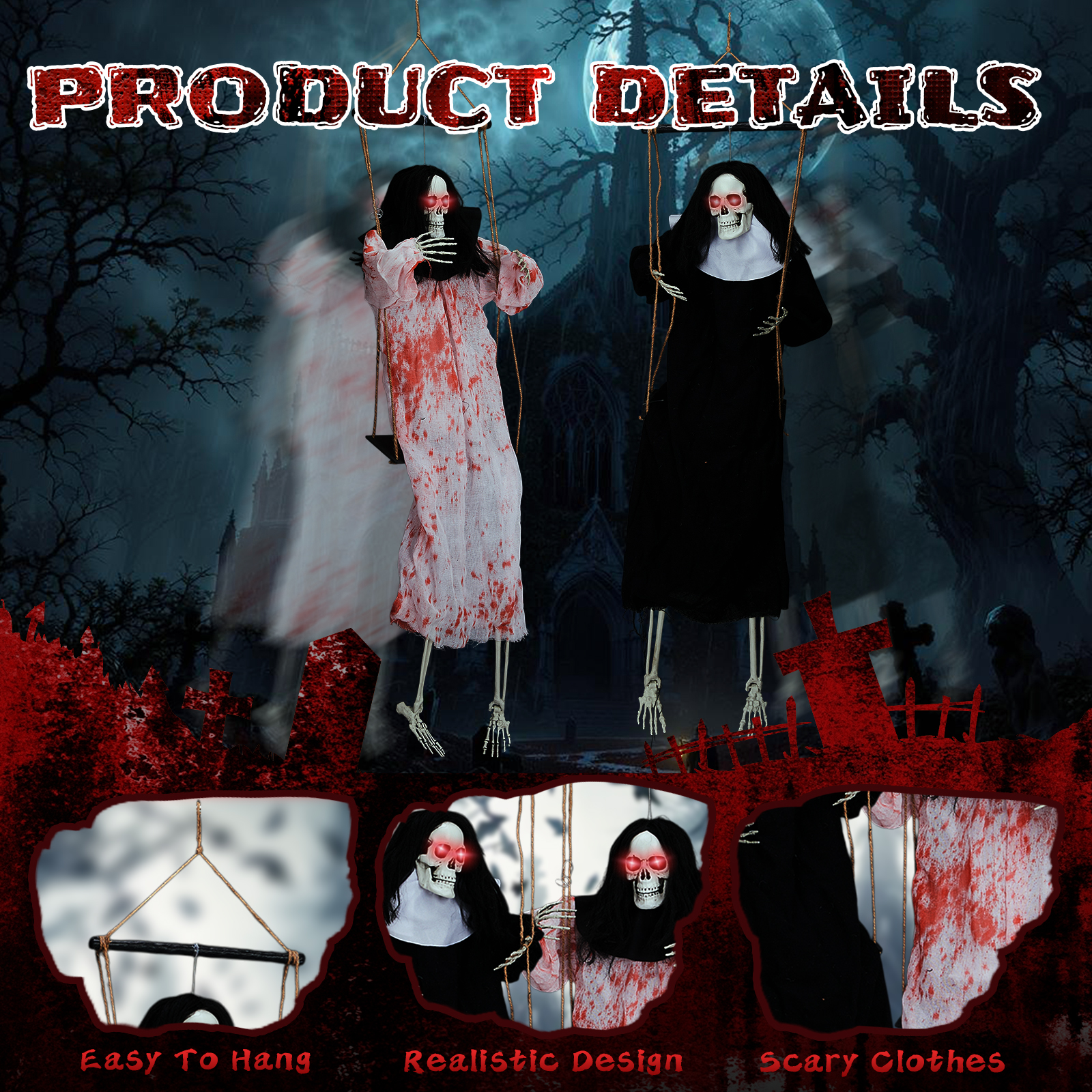 Outdoor Halloween Decorations 2 Packs Hanging Ghosts Decor With Lighted Up Eyes And Horror Scream,3ft Scary Grim Reaper Swinging Ghost Flying For Yard Patio Lawn Garden photo 3