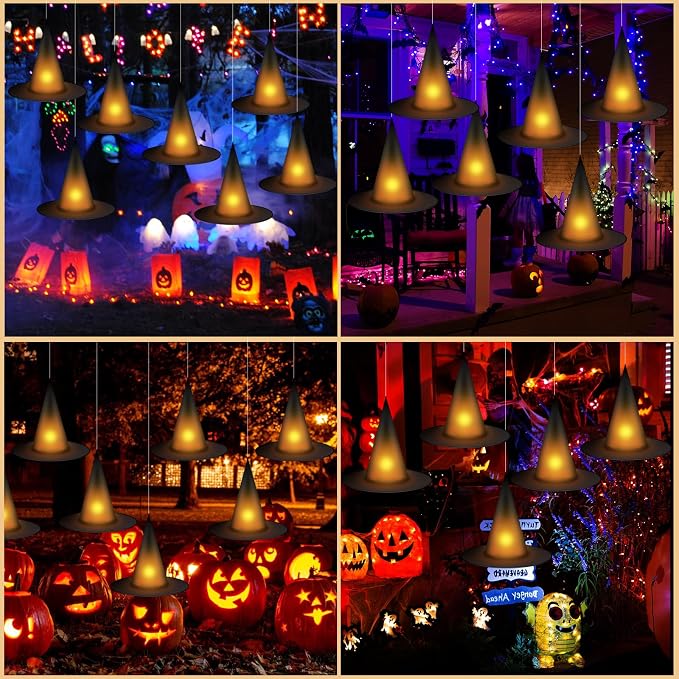 12-Piece Light-Up Halloween Witch Hats With Tea Lights, 3D Bats And Hanging Rope For Indoor Outdoor Decor photo 3