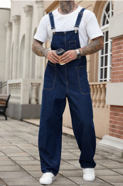 US Ready Stock Mens Denim Overalls Dark Blue Loose Fit Straight Leg Bib Overalls Casual Workwear For Men photo 7