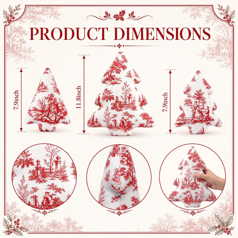 3 Pcs Red Toile Christmas Tree Pillows Vintage Cushion Decor photo 2