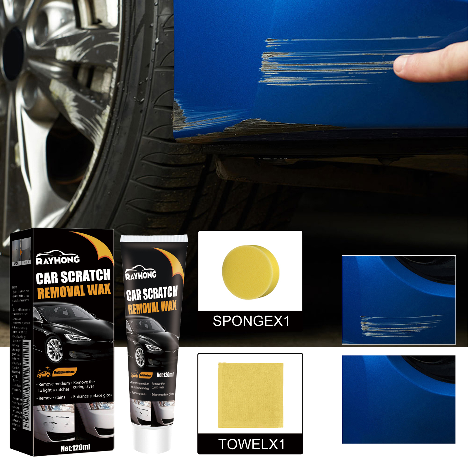Car Scratch Wax Kit 120ml Bottle-1 Cloth-1 Sponge 1Box photo 4