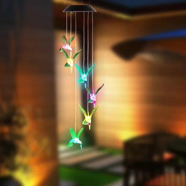 LED Solar Hummingbird Wind Chime Solar String Lights 6 LEDs Color photo 1