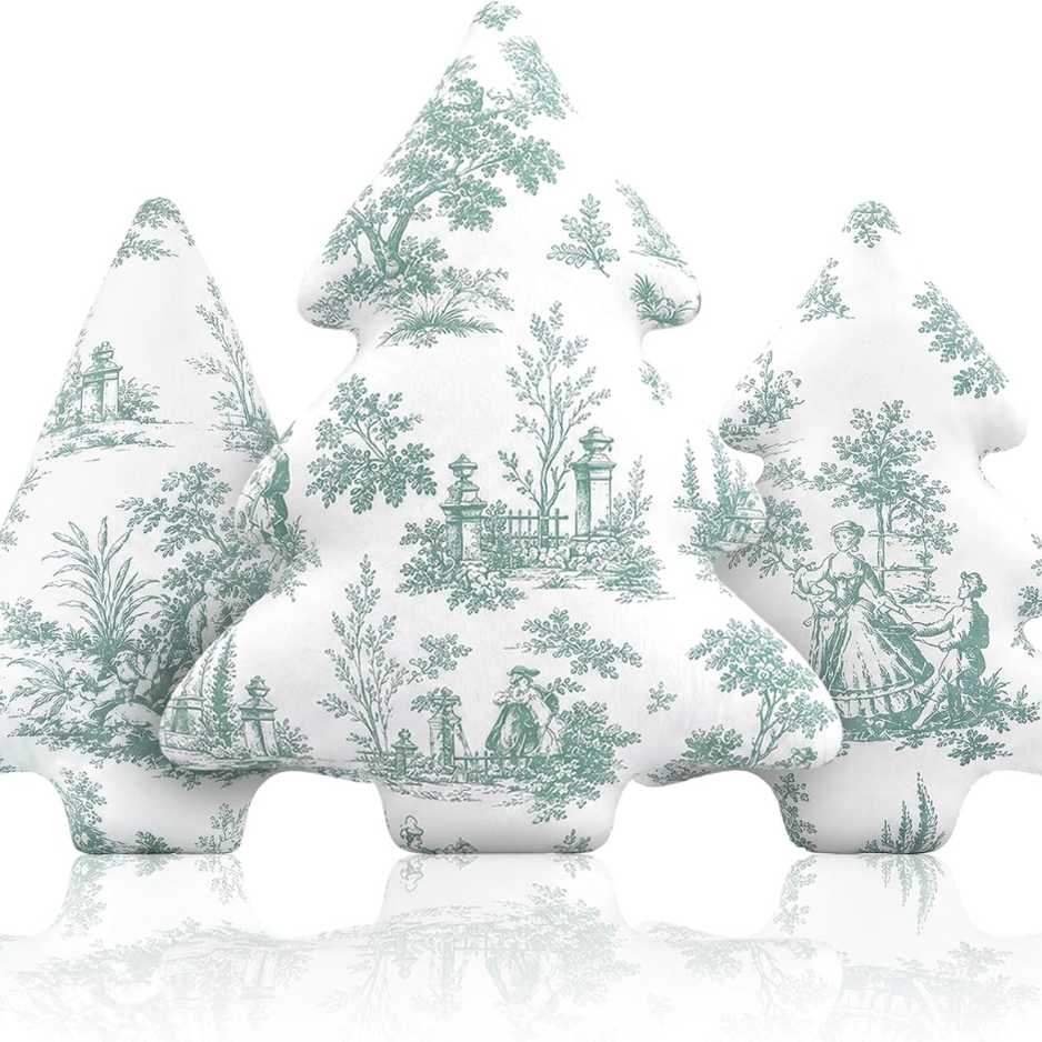 3 Pcs Sage Green Toile Christmas Tree Pillows Vintage Cushion Decor photo 5