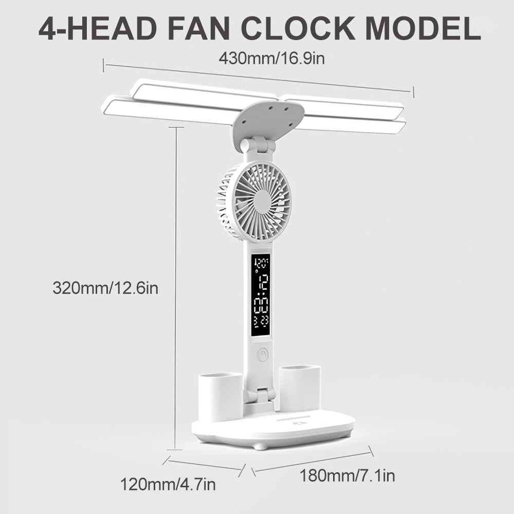4-Head LED Desk Reading Lamp With Fan Clock Dimmable Rechargeable Touch Light photo 6