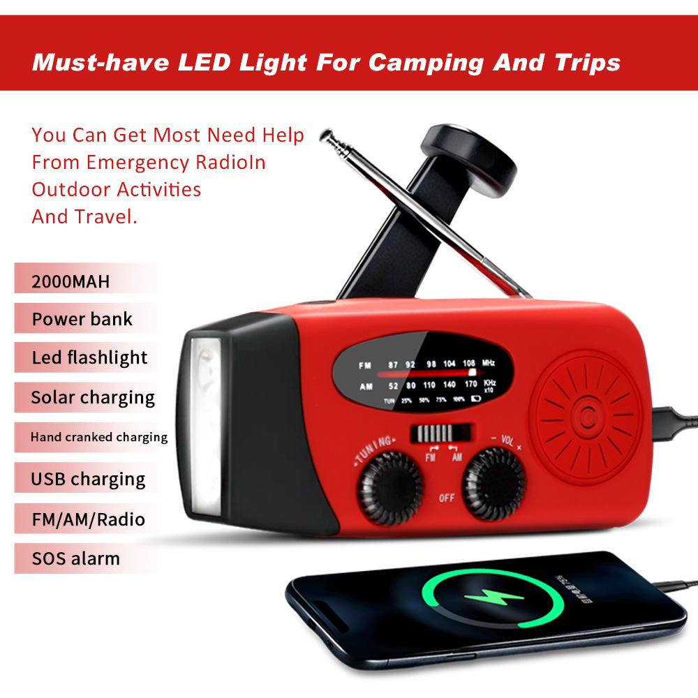 Red Solar Radio 2000mAh Plastic Full Band Radio With USB Port & Built-in Speaker photo 3