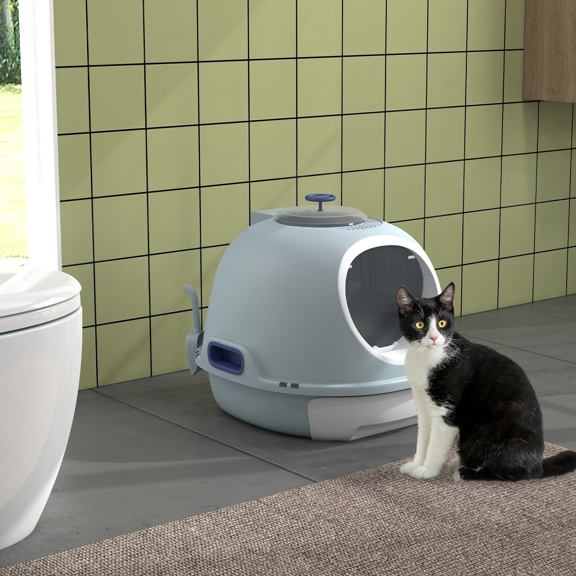 PawHut Cat Litter Box Toilet With Litter Scoop Enclosed Drawer, Front Entry Top Exit, Easy To Clean Blue photo 3