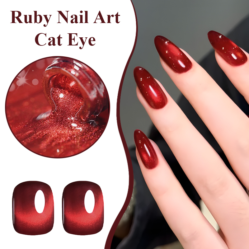 Ms Rainbow Starry Series Cherry Red Magnetic Cat Eye Gel Polish 10ml, Glossy Crystal Red Shimmer Nail Gel, Long Lasting No Chipping LED Soak Off, Viral Trendy Salon Manicure photo 4
