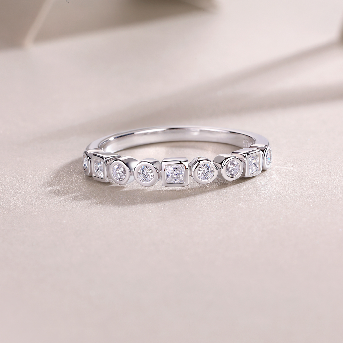 S925 Silver 2.0g Platinum Plated Moissanite Ring, Alternating Round & Square Bezel Set Half Eternity Band, GRA Certified US 5-9 photo 6