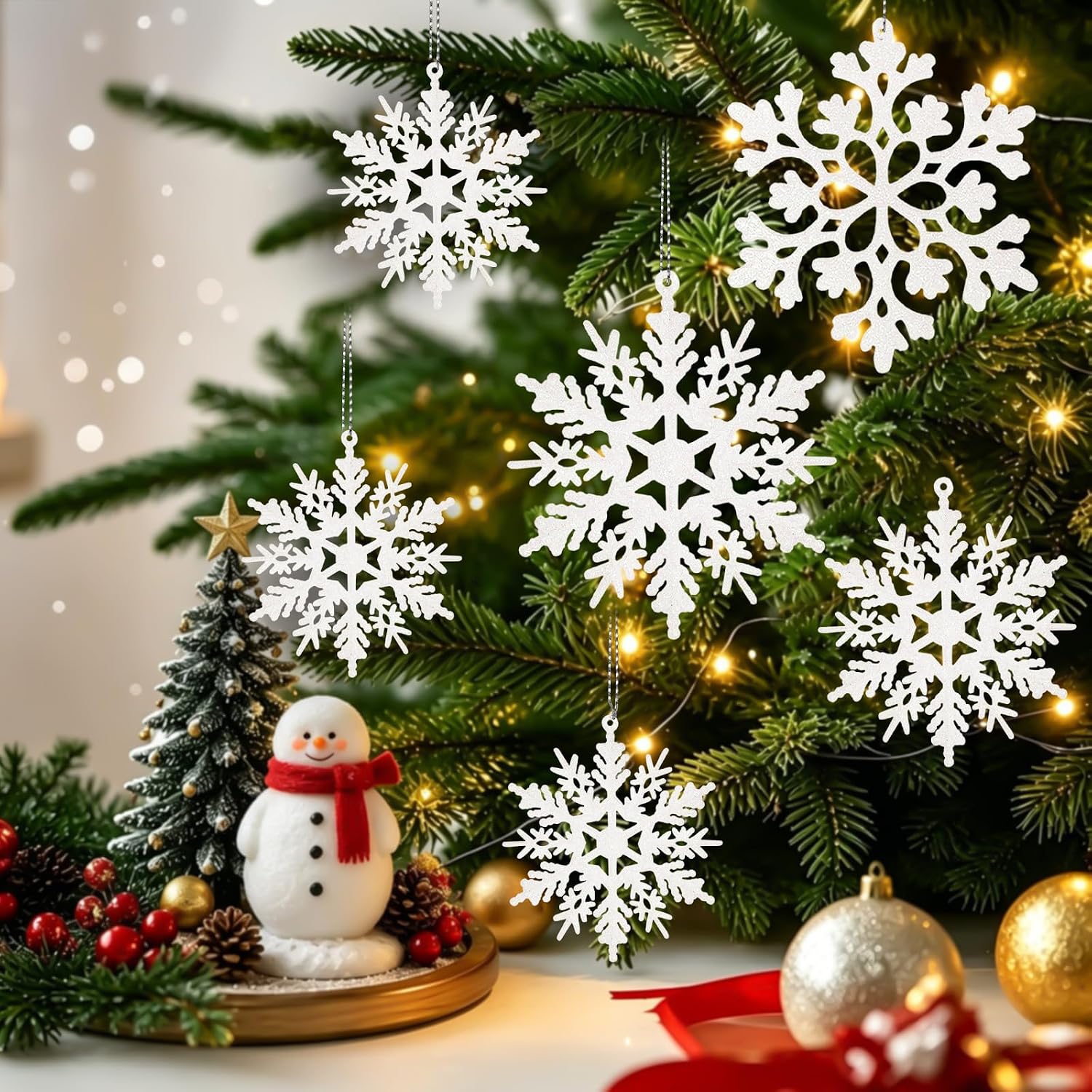 White Snowflake Christmas Ornaments 36 Units, Glitter Plastic Snowflake Decorations For Christmas Tree And Winter Decor photo 2