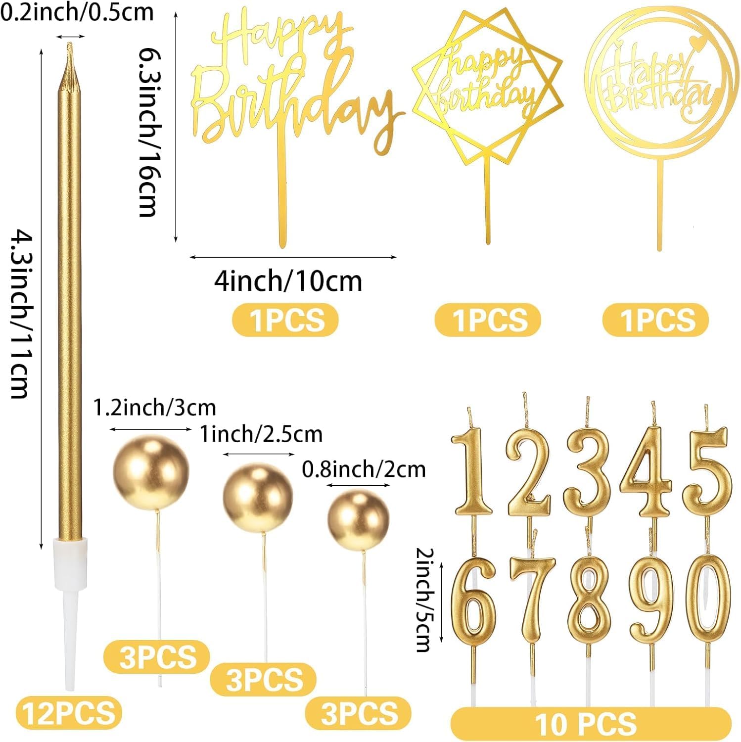 Gold Birthday Cake Toppers 34 Units, Birthday Candles And DIY Cake Decorations For Men, Women, Anniversaries And Parties photo 2