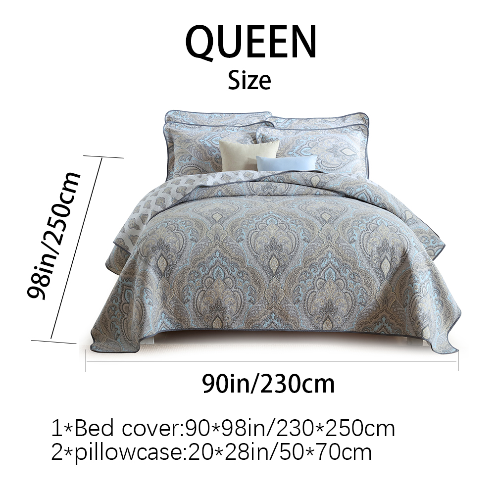 3x Dense Quilting Anti-Static Fade Proof Machine Washable All Season Lightweight Bedding 3-Piece Gray Blue Paisley Damask Quilted Bedspread Set Cotton Filled Reversible Coverlet Skin-Friendly Soft photo 8