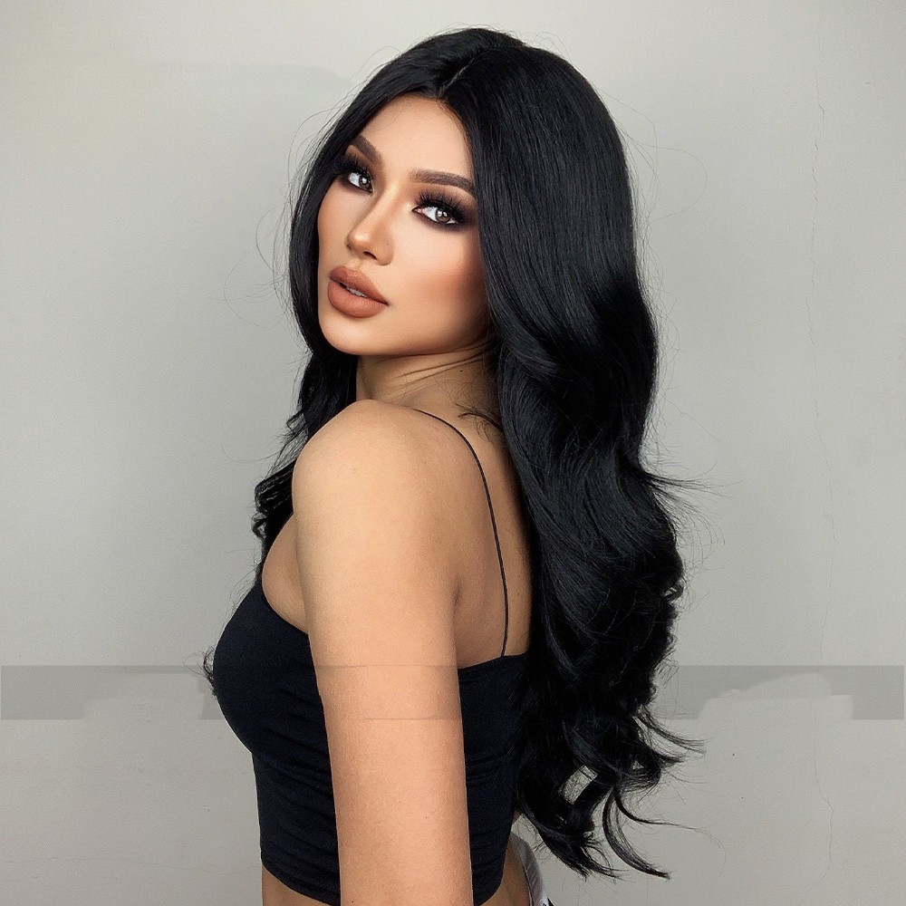 Black Medium Parted Long Curly Hair With Big Waves photo 5