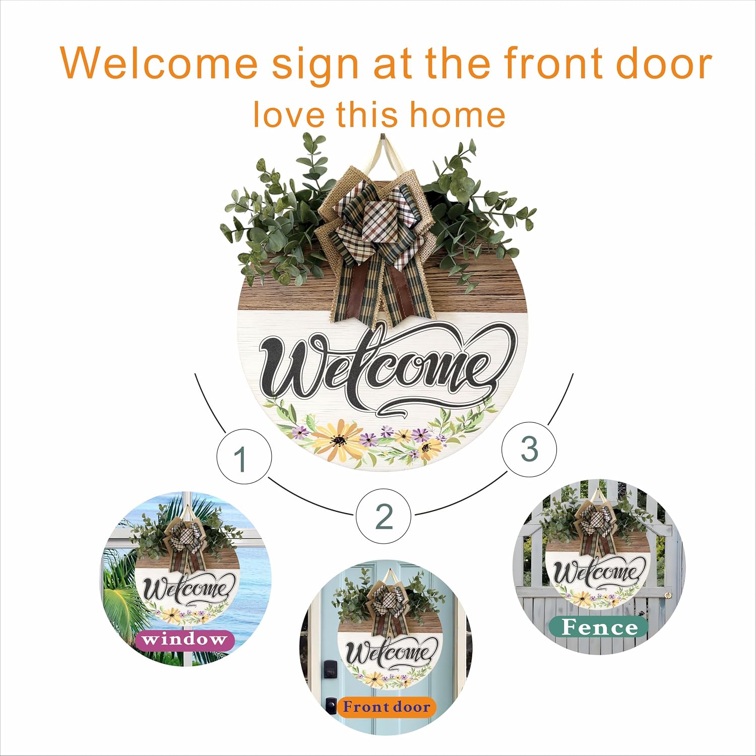 Welcome Door Sign 12 Inch Round Wooden Hanging Sign With Artificial Leaves, Farmhouse Porch Decor For Indoor Outdoor Home photo 2