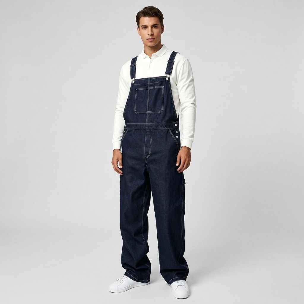 Dark Indigo Mens Denim Bib Overalls Loose Straight Leg Carpenter Workwear Dungarees US Ready Stock photo 5