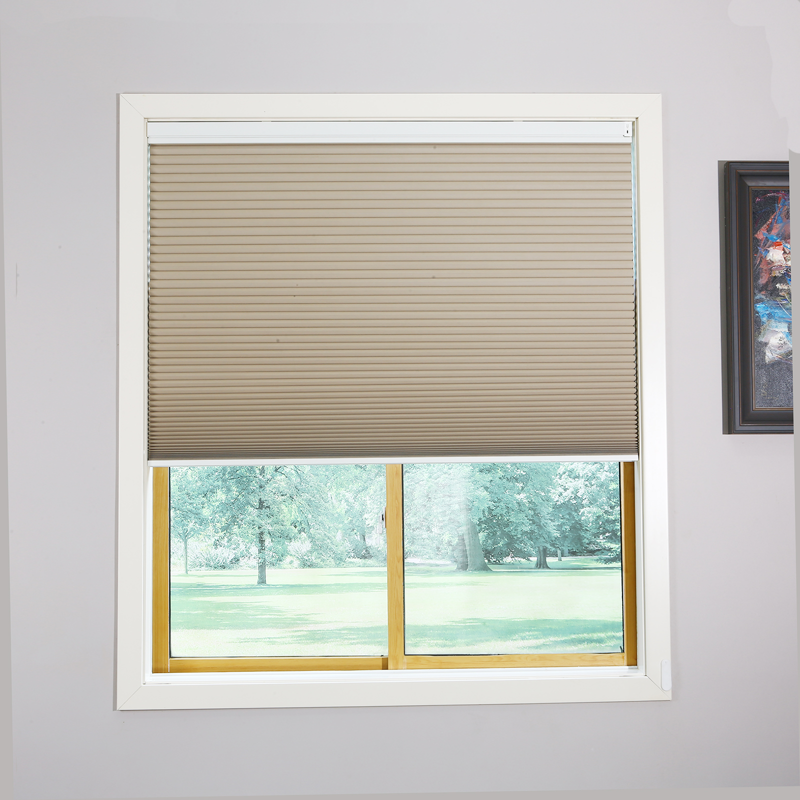 Raised Flag Day-Night Shade With Remote Control And Solar Panel-Full Blackout Motorized Shades For Home And Office-Cordless Organ Shade-Cordless Cellular Shade-Khaki photo 1