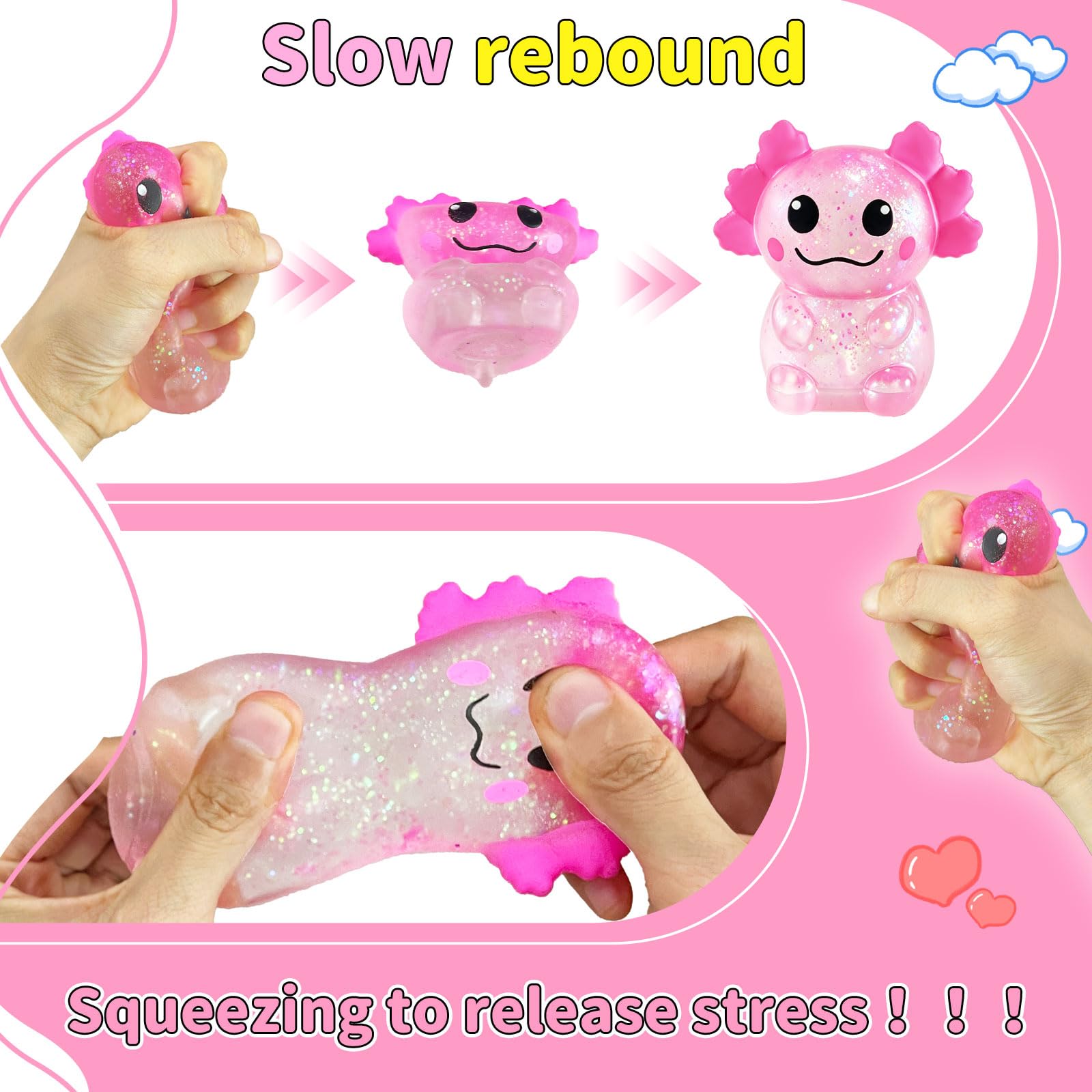 1PCS Glitter Axolotl Squishy, Slow Rising Squeeze Toy, Cute Axolotl Fidget Toy For Stress Relief, Calming Sensory Toy For Kids Adults, Party Favor Gifts photo 4