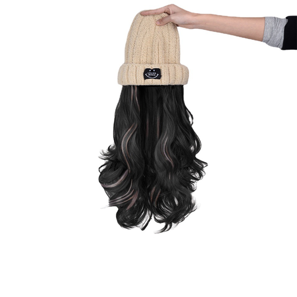 Autumn And Winter Fashion Beige Knit  Pick Dye Gradient Long Curly Hair Hundred Take Wig Hat photo 2