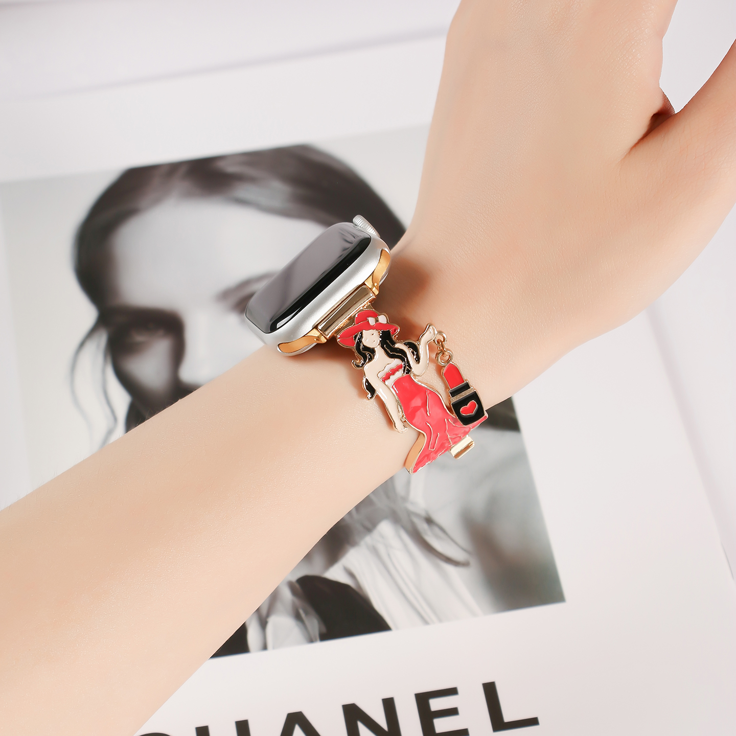 Elegant Lady Enamel Metal Watch Band For IWatch Series 10 9 8 7 6 5 4 3 2 1 SE Ultra, Cute Dress Girl Charm Bracelet Strap, Women Fashion Replacement Wristband photo 1
