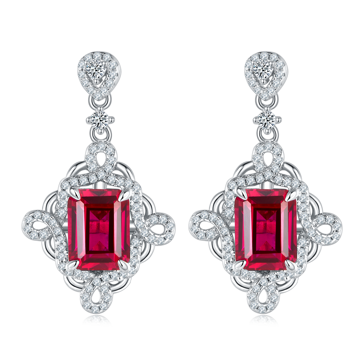 S925 Silver 4.4g Platinum Plated Lab-Created Ruby Drop Earrings, 8x6mm Emerald Cut 4ct, Pair photo 1