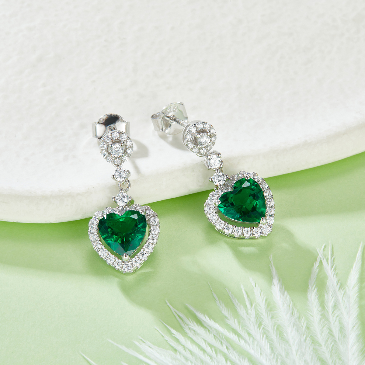 S925 Silver 3.5g Lab-Created Emerald Heart Drop Earrings, 1.38ct 7mm Halo, Pair photo 2