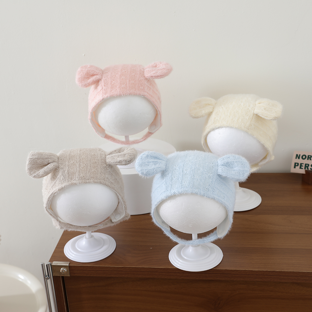 Winter Autumn Pure Color Knitted Three-dimensional Ear Protection Hat With Soft And Fluffy Fabric And Lace Straps photo 1