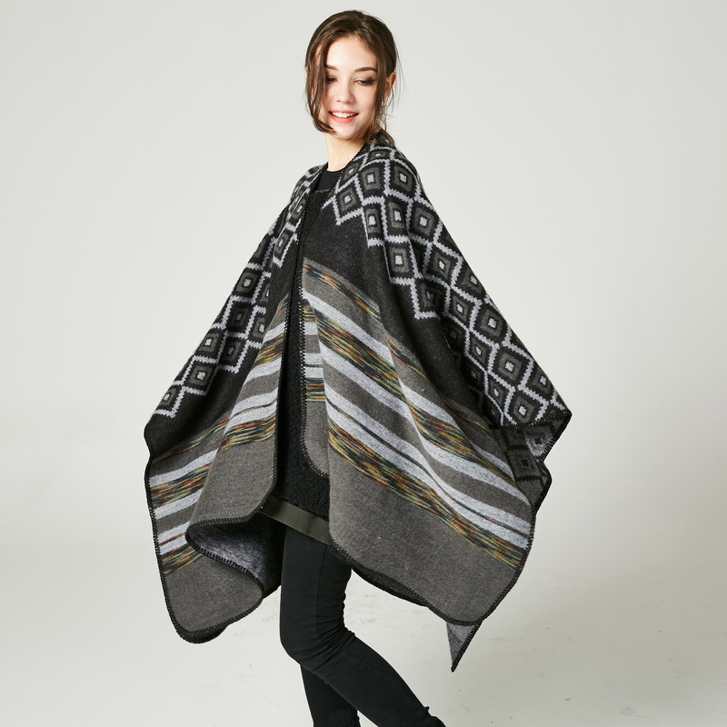 Women's Rhombus Color Striped Shawl, Women's Double-Sided Wearable Outdoor Travel Poncho photo 4