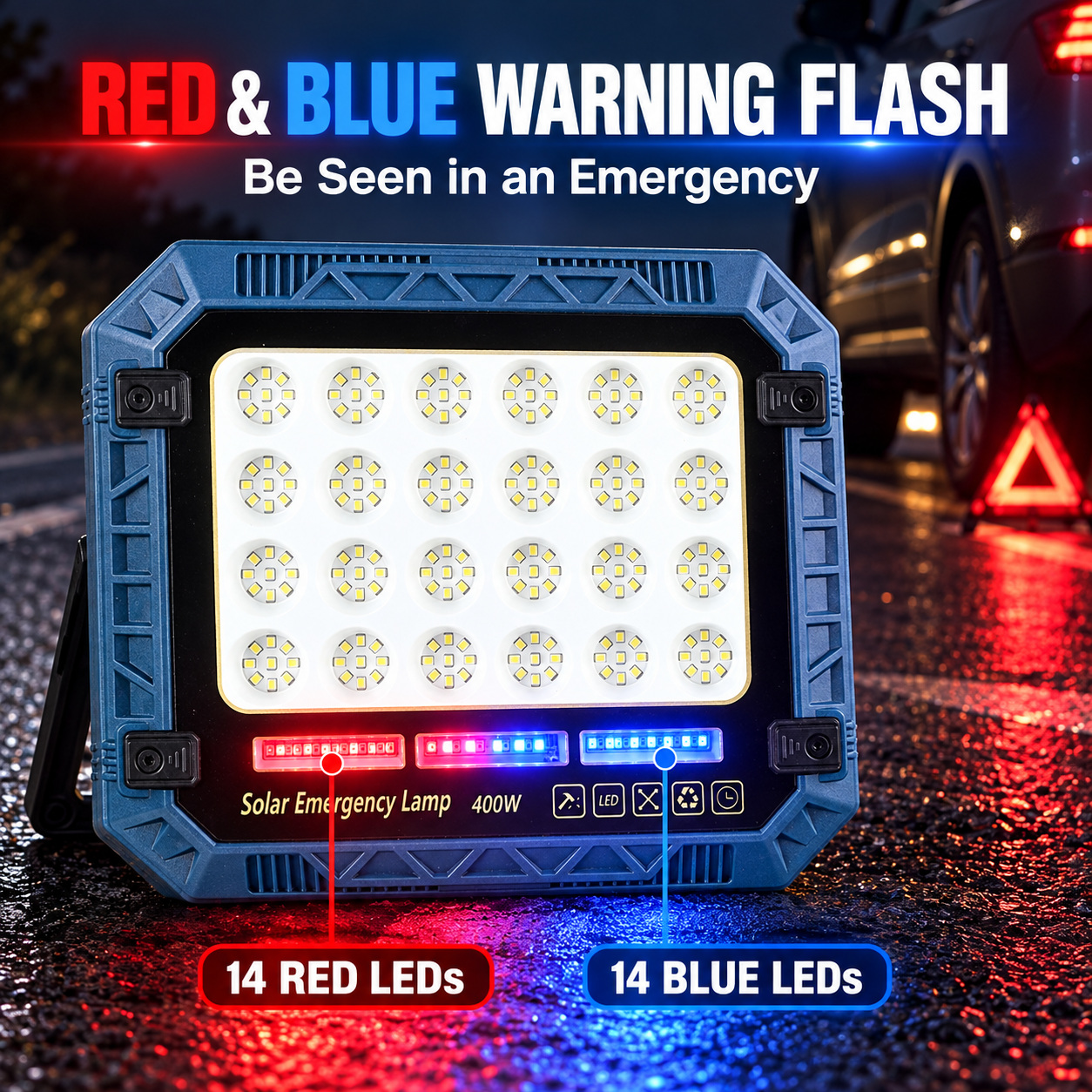 Solar Powered Rechargeable Battery Display 18650 W8112 3 Remote Control LED Flood Light Red Blue photo 4