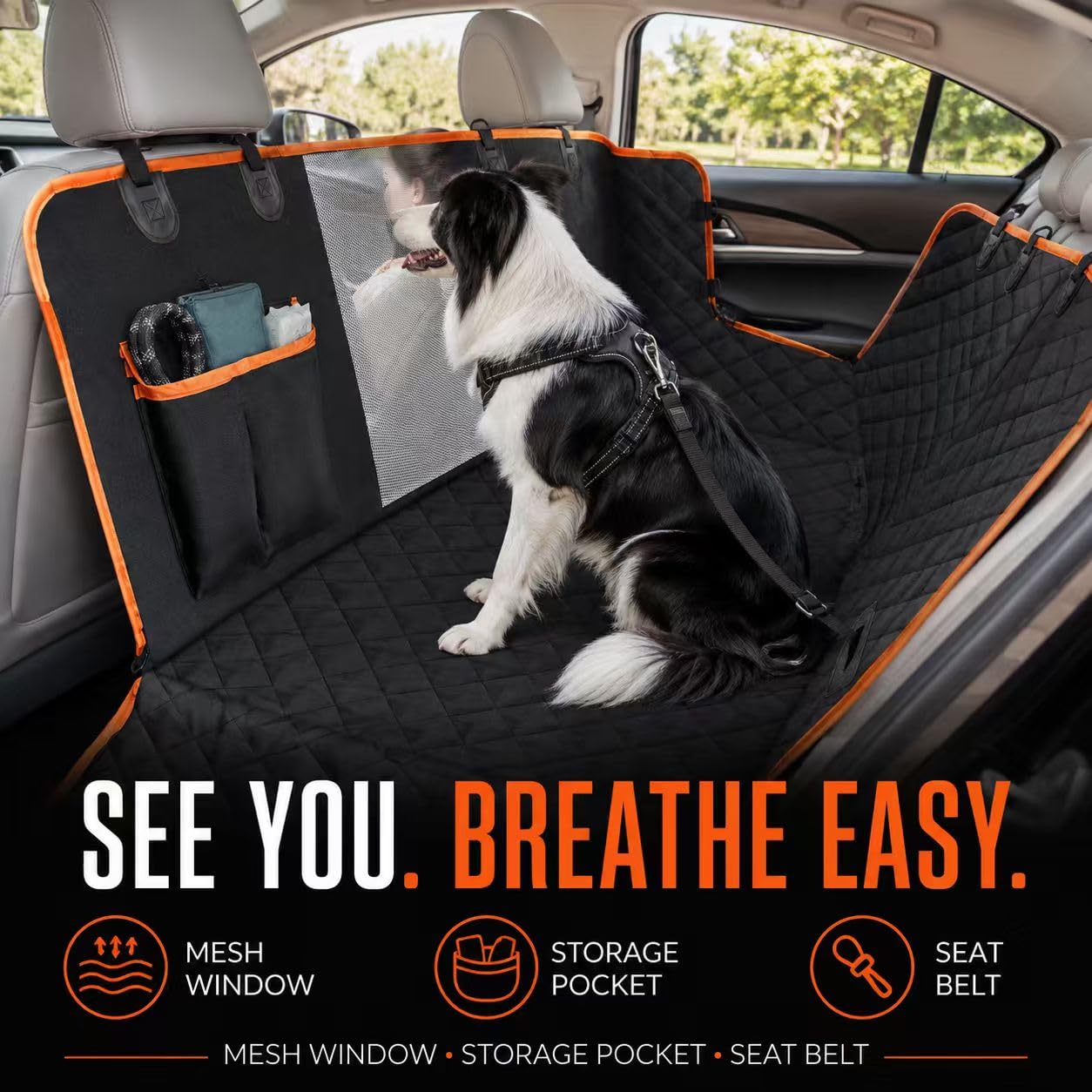 Dog Car Seat Cover For Back Seat,  Waterproof Hammock For Cars And SUVs Scratch-Resistant, Non-Slip Design With Mesh Window, Side Flaps And Storage Pocket, Black photo 5