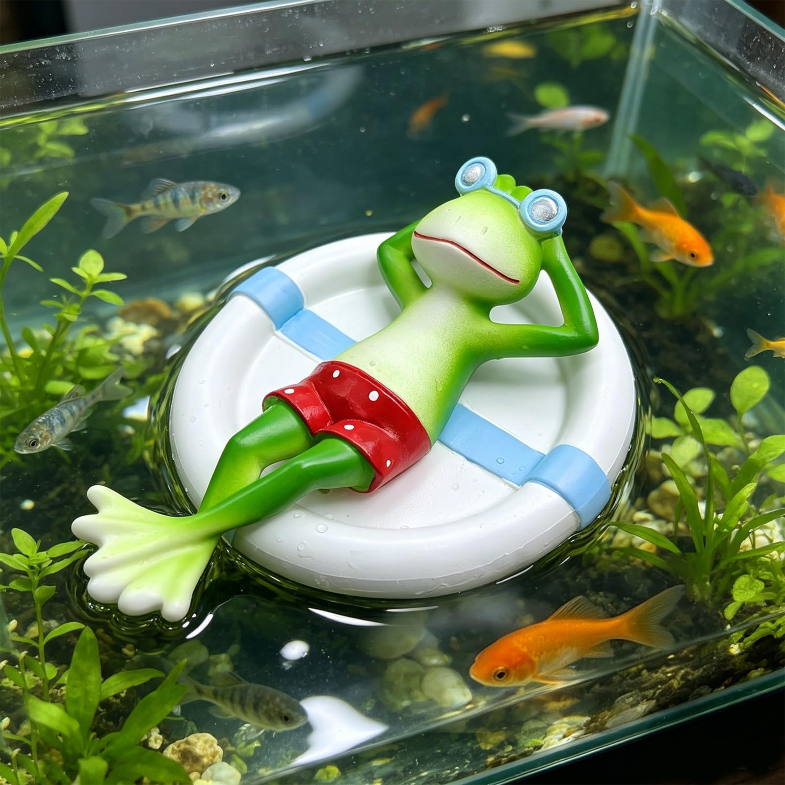 Floating Frog On Swim Ring Resin Aquarium Ornament, Fish Tank Decor, Water Surface Accessory photo 1