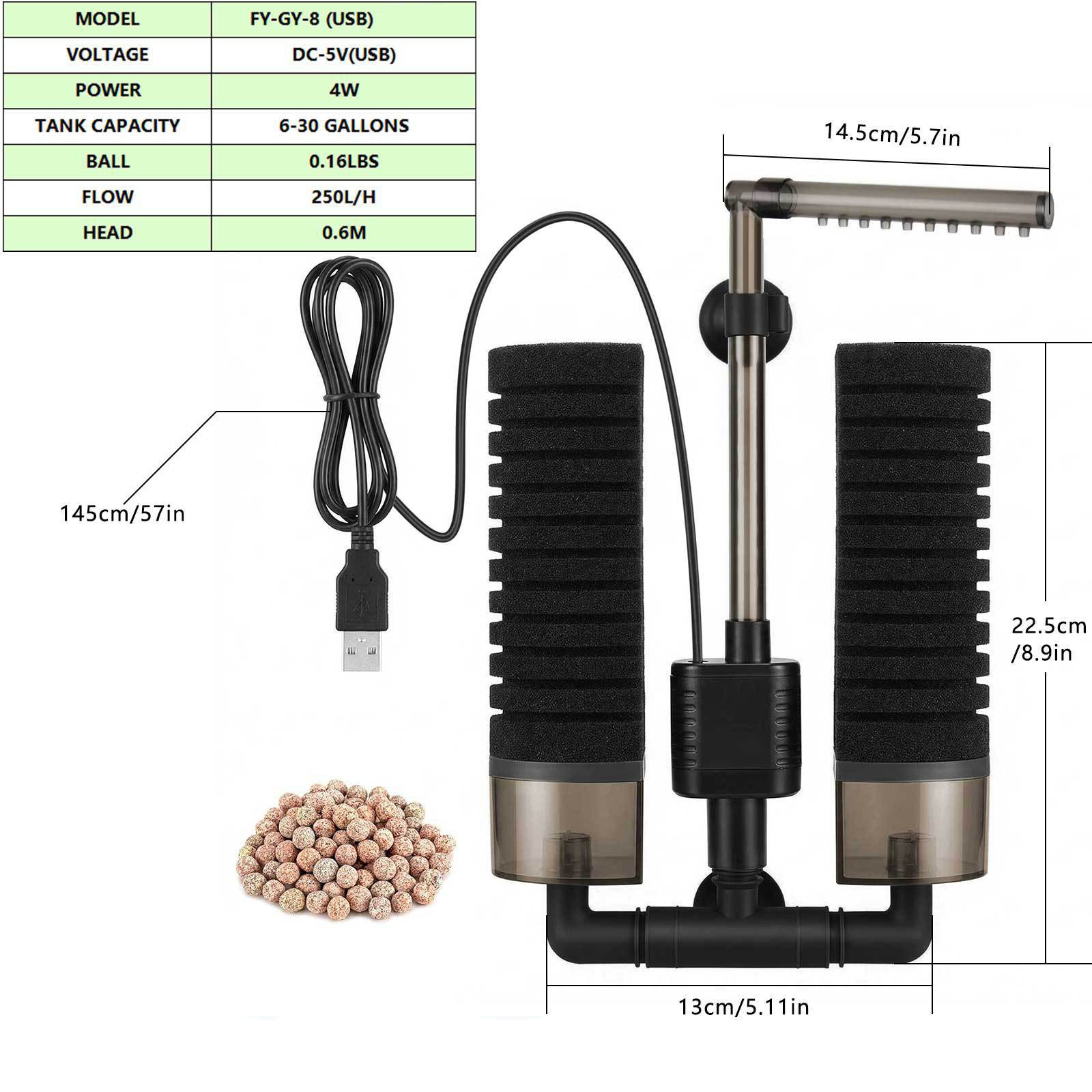 Aquarium USB Filter Sponge Fish Tank Quiet Bubble Filter With 1 Bag Of Filtered Ceramic Balls For Salt Water And Fresh Water photo 3