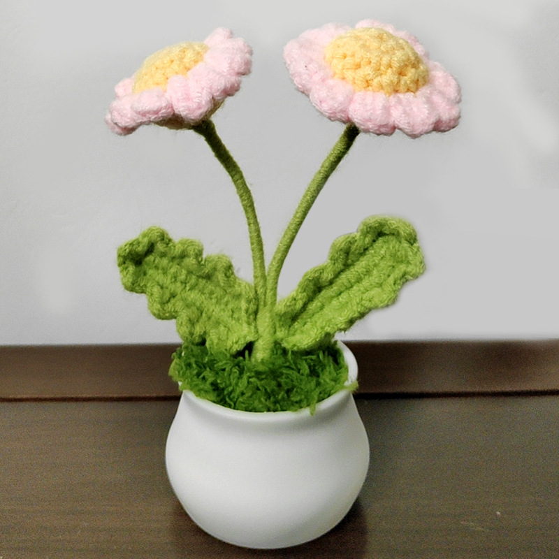 Finished Hand Knitted Sunflower Potted Plant Crochet Yarn Flower With Mini Pot Car Dashboard Decor Handmade Gift Ornament photo 2