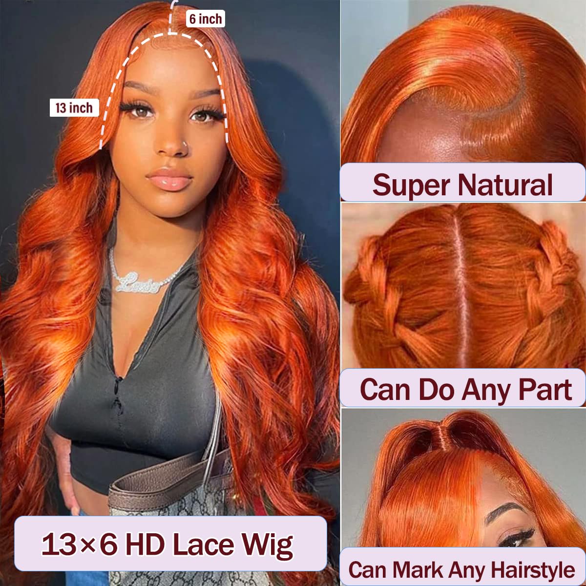 13x6 Lace Front Human Hair Wig Body Wave, Ginger Yellow, Density photo 3