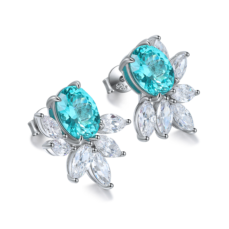 S925 Silver 7.3g Lab Created Gemstone Earrings, 10x8mm Multi-Color Flower Studs, Ruby Sapphire Emerald Paraiba photo 5