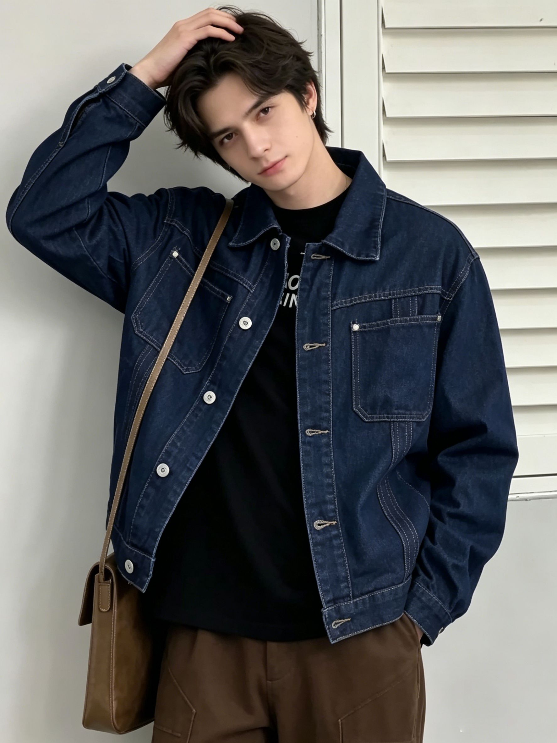 Dark Indigo Denim Jacket Men Multi Pocket Casual Jean Jacket Contrast  USA Warehouse Stock photo 4