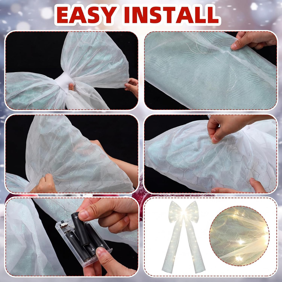 Giant White Mesh LED Christmas Tree Topper Bow, Large Holiday Tree Decoration photo 6