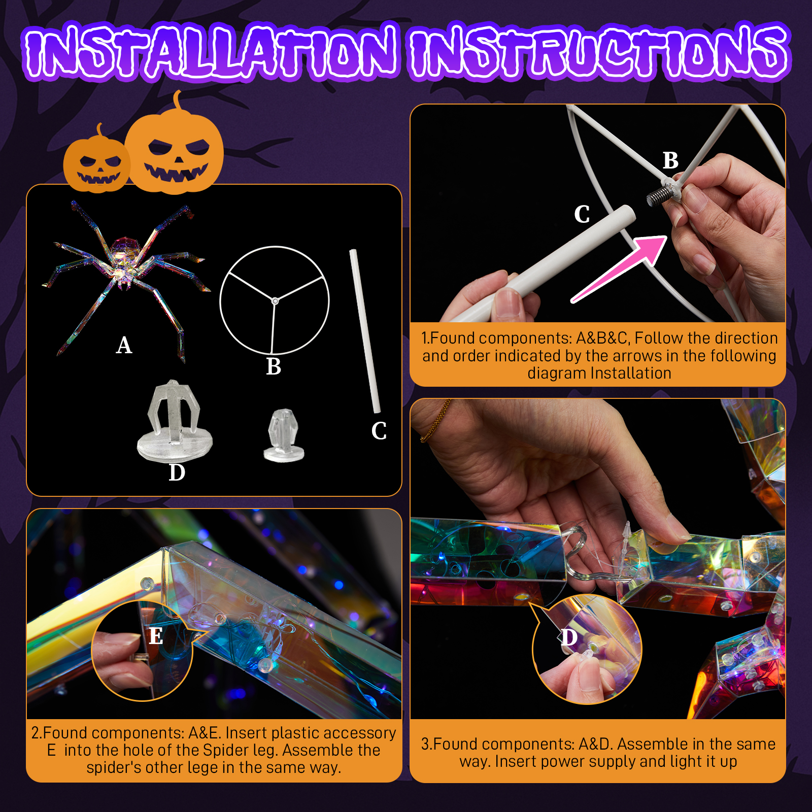 Replace 43966577 3FT Halloween Decorations Light Up Spider,Outdoor Halloween Decor Lighted Iridescent Spider,Weather Proof Pre-lit Spider With 340 LED Lights,for Front Yard Porch Gardens Lawns Party photo 7