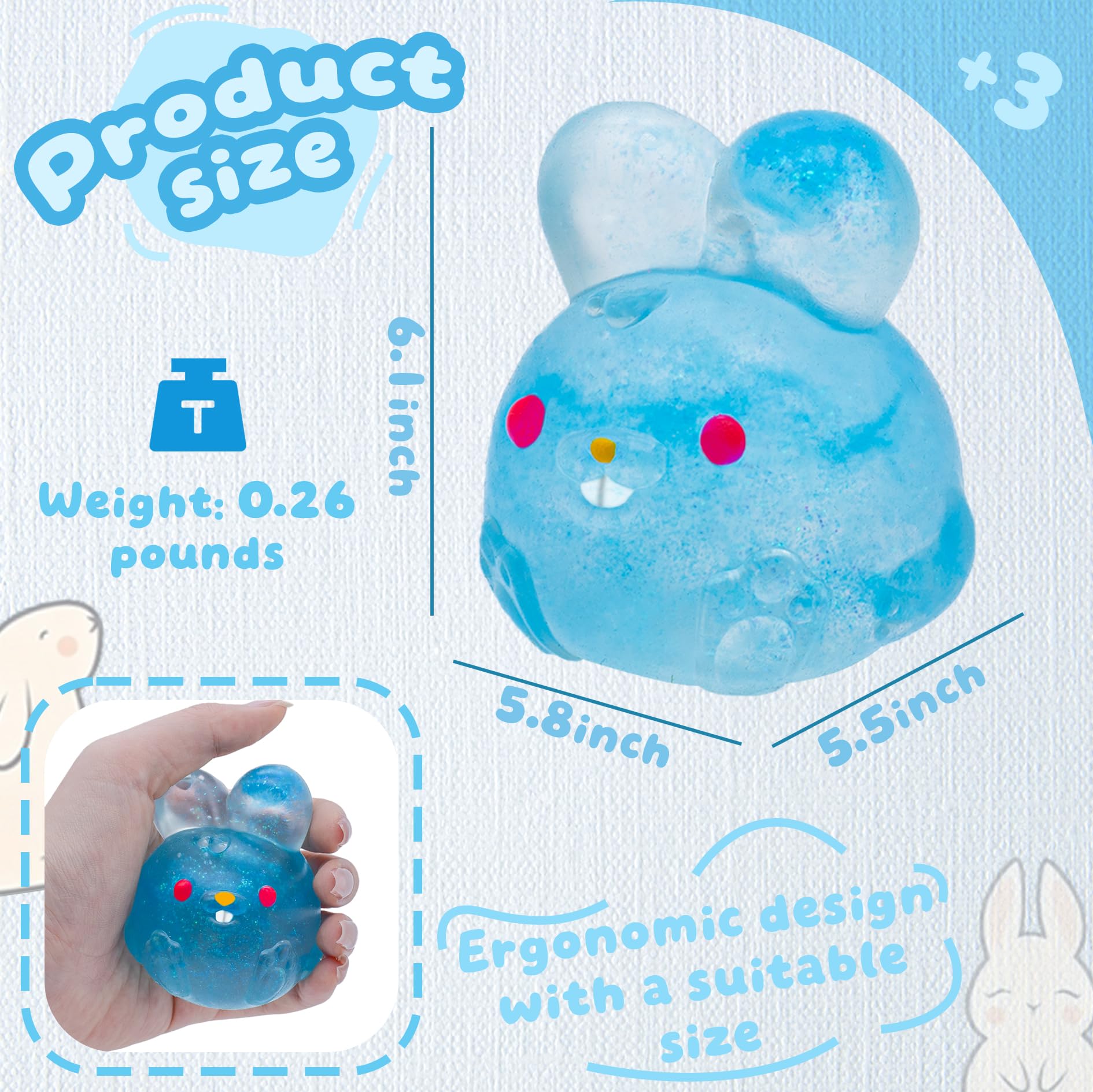 Stress Relief Blue Glitter Bunny Squeeze Toy - Jelly Hops Sensory Squishy Fidget Toy, Anxiety Calming Soft Jelly Ball For Kids & Adults photo 8