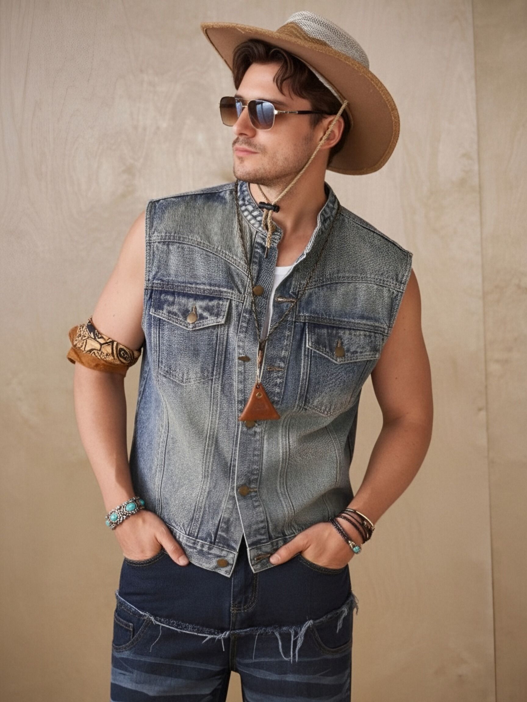 Vintage Washed Denim Vest Men Blue Sleeveless Jean Jacket Retro Casual US Local Stock photo 5