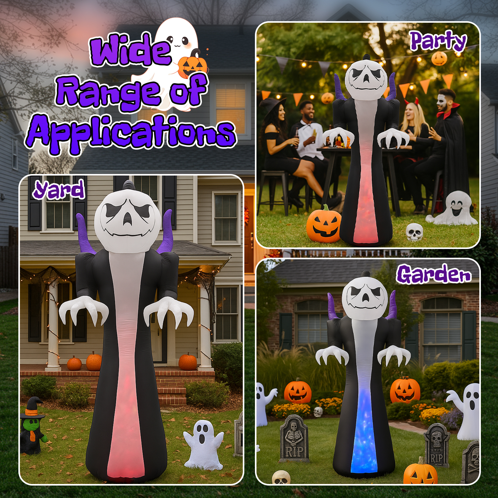 12ft Pumpkin Head Grim Reaper 1 Tri-Colored Flame Light Halloween Inflatable Decoration 12V photo 5