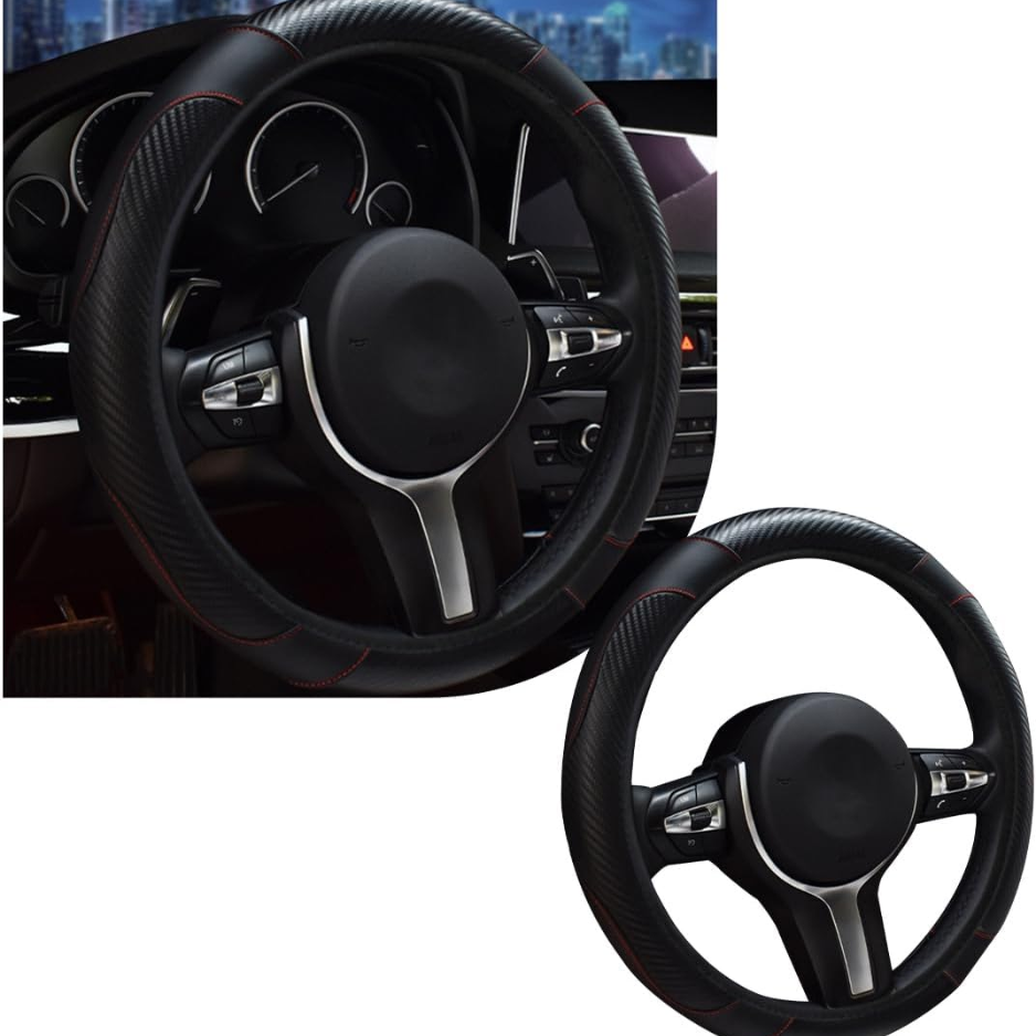 BLACK Car Steering Wheel Cover, 15 Inch Leather Breathable Auto Steering Wheel Protector, Comfortable Non-Slip Vehicle Steering Wheel Covers, Universal Interior Car Accessories photo 1