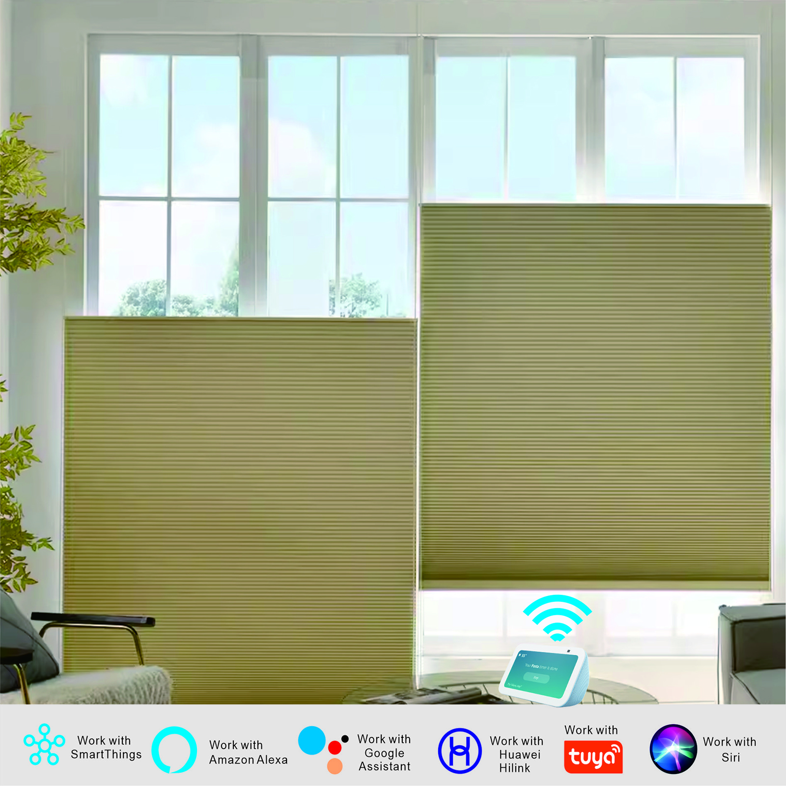 Raised Flag Day-Night Shade With Remote Control And Solar Panel-Full Blackout Motorized Shades For Home And Office-Cordless Organ Shade-Cordless Cellular Shade-Khaki photo 2
