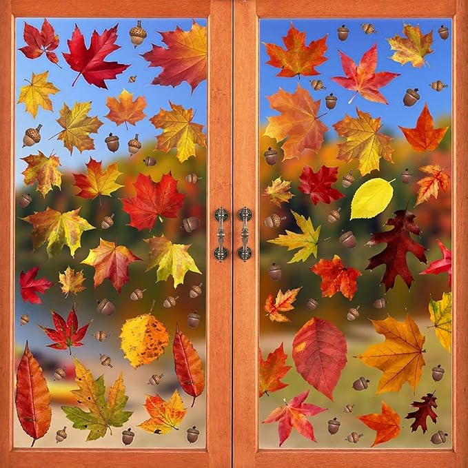 91-Piece Maple Window Clings 6-Sheet Fall Leaves Acorns Stickers For Autumn Thanksgiving And Halloween Decor photo 1