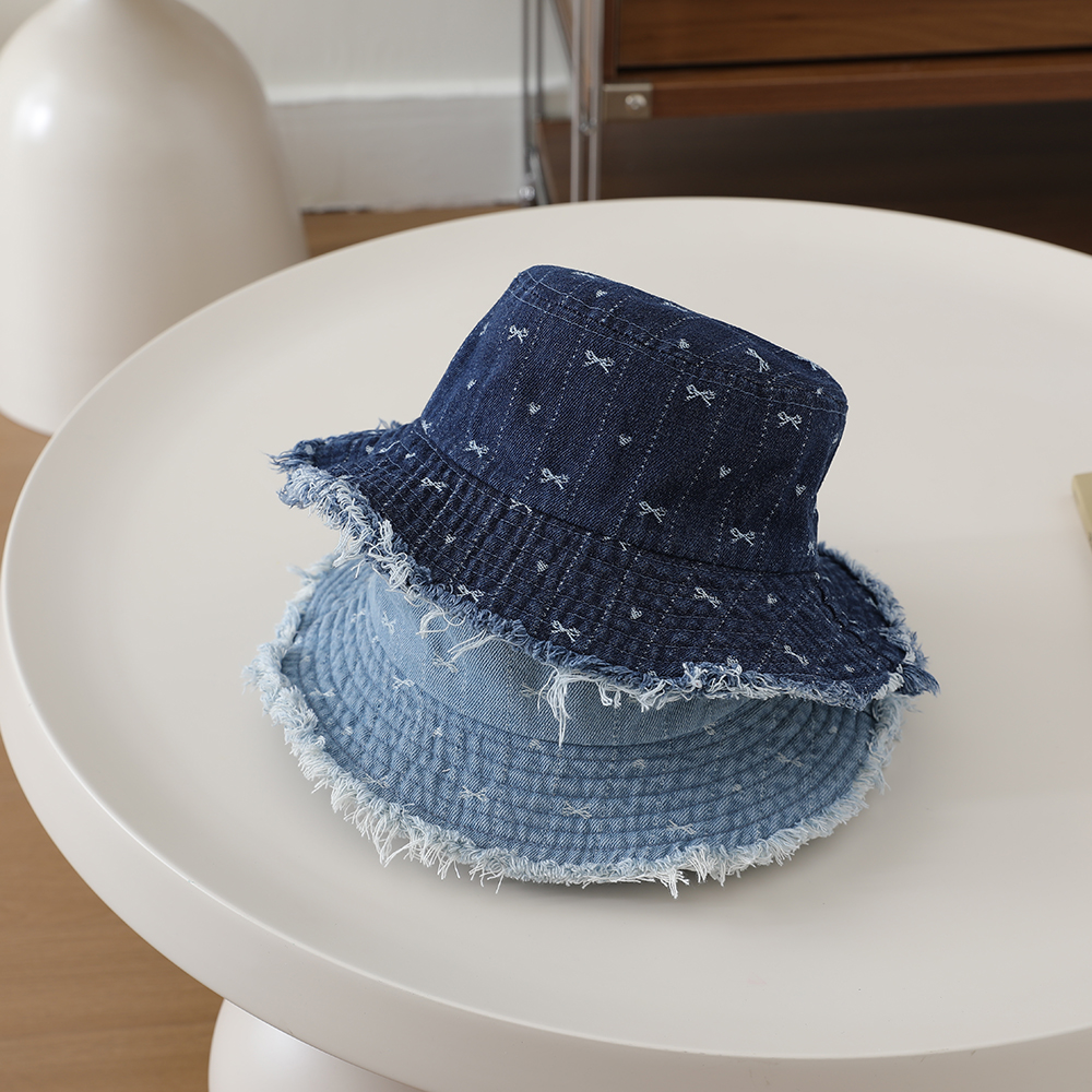 Full-printed Bow-shaped Heart Children's Denim Fisherman Hat, Washed And Distressed Fringed Bucket Hat For Outdoor Travel photo 3