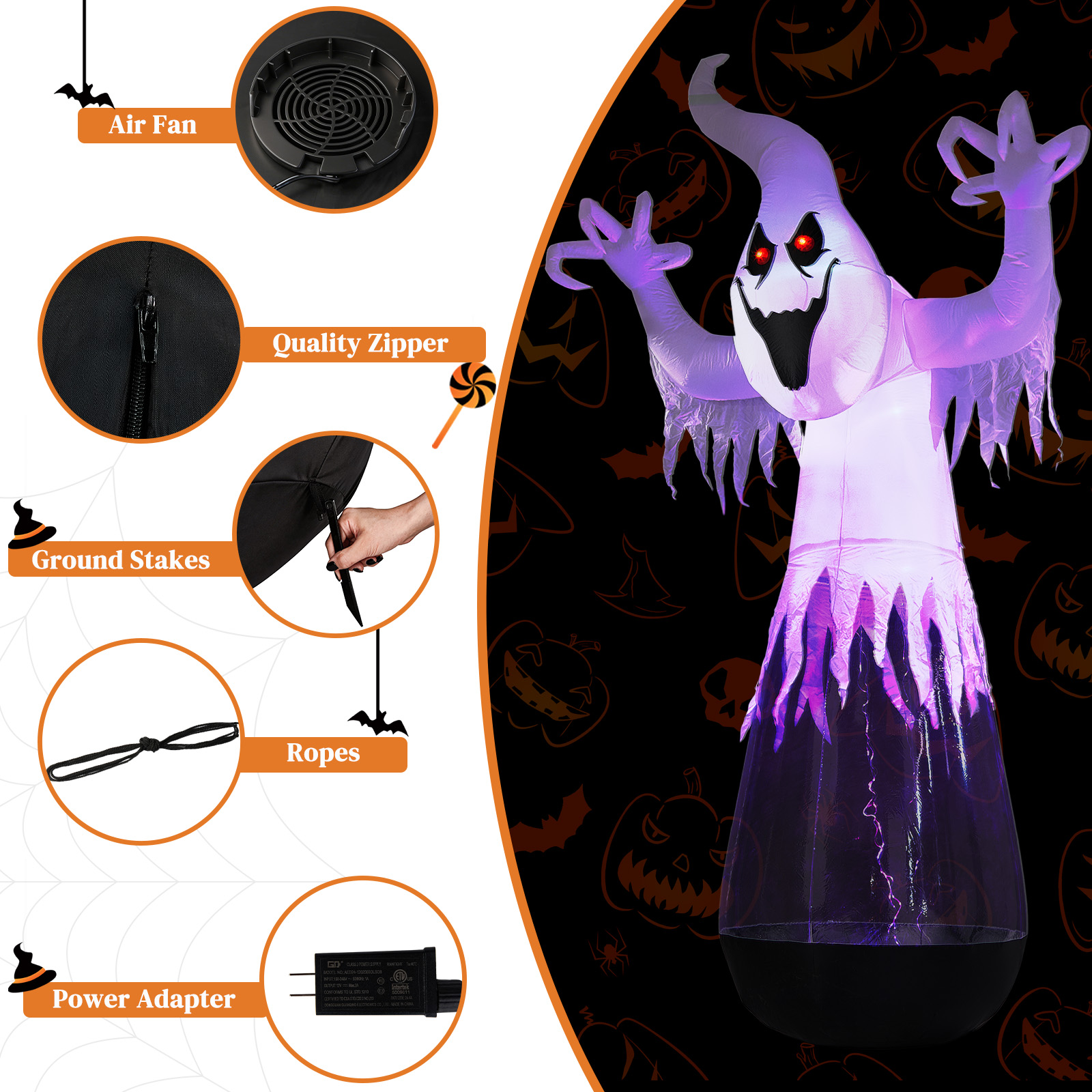 12ft Inflatable Halloween Decor Half-Body Clear PVC White Ghost With 2 LED Lights & 1 Stage Light,Black & White,12V 2000mA US Power Adapter photo 2