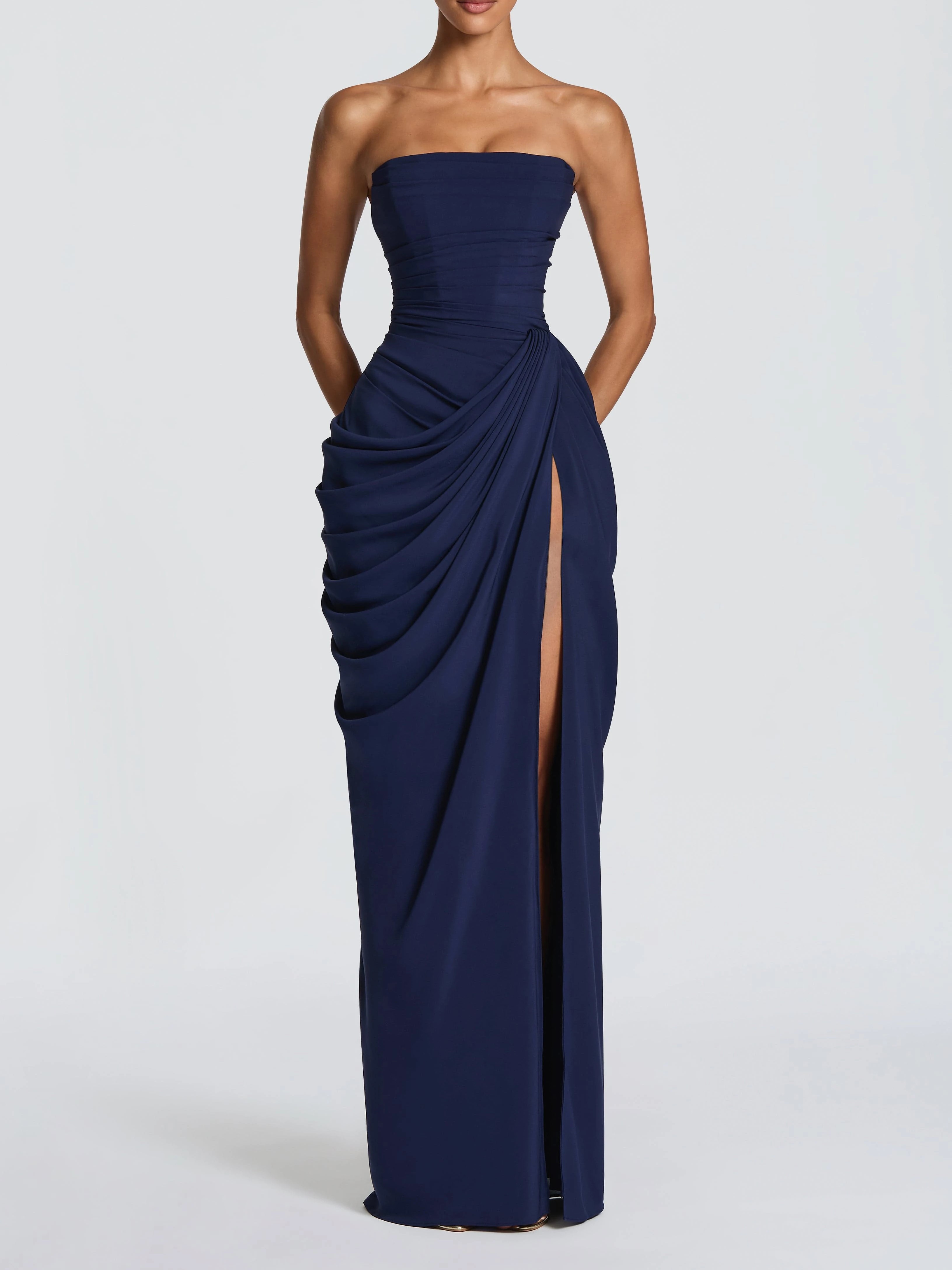 Burgundy Strapless Ruched High-Slit Maxi Gown With Pockets photo 3