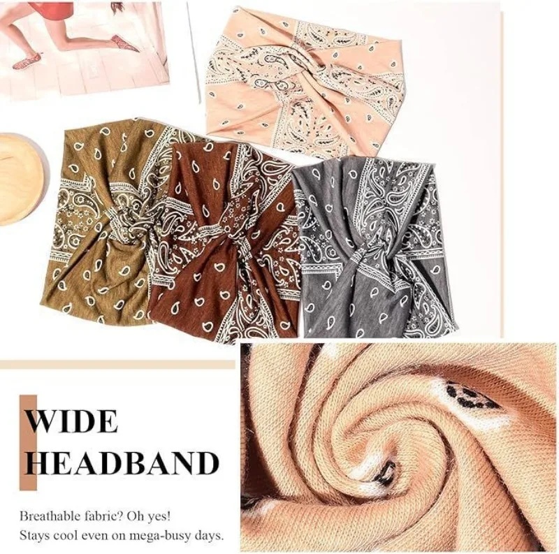4 Pack Boho Paisley Wide Headbands For Women, Vintage Knotted Elastic Non Slip Sweat Head Wraps, Soft Stretchy Hair Bands For Yoga Sports Running Daily Hair Accessories photo 2