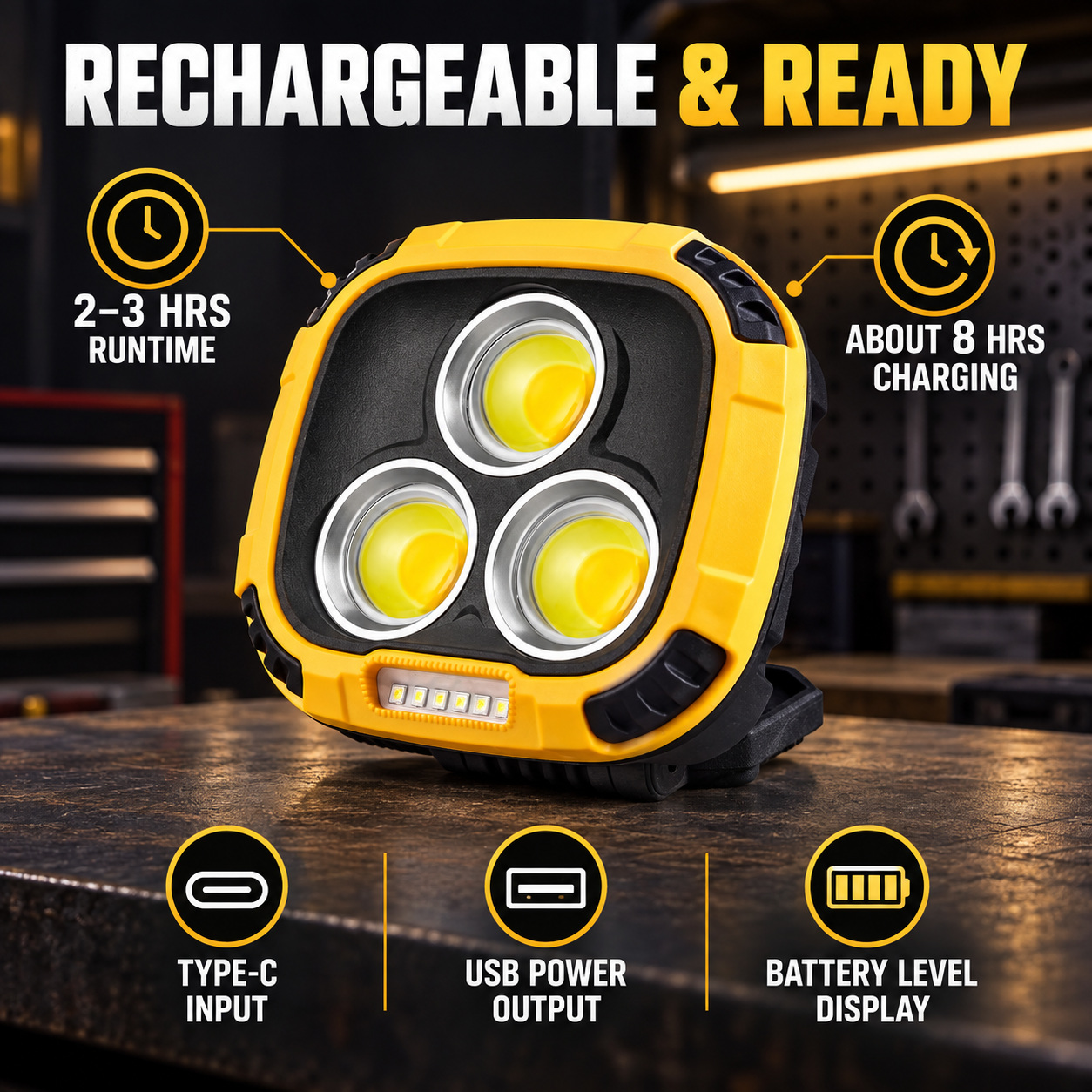 Rechargeable Magnetic Battery Display Type C LED Work Light Base Hanging W891 3 Adjustable Stand photo 3